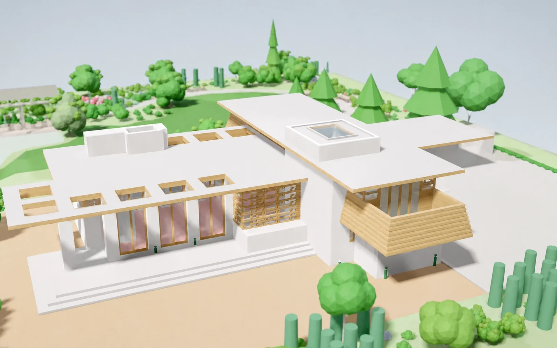 3D-кадр из ANESTI: белый одноэтажный дом с плоскими кровлями, терраса и округлые деревья